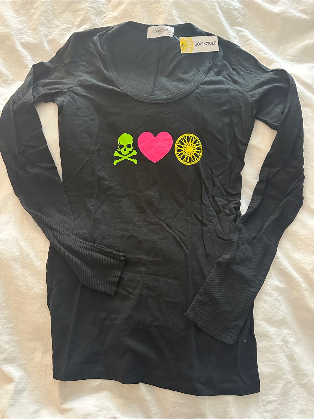 SoulCycle Black Long Sleeve Tee with Neon Pink Heart and Lime Icons
